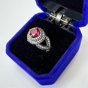 Black Gold Micro Faceted Set Ruby & Cubic Zirconia 925 Silver Ring SIZE 5